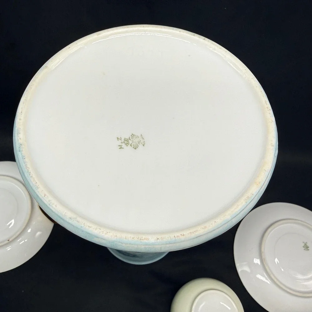Vintage Porcelain Chocolate Pot Set Blue Floral Gold Gilt 4 Cups and Saucers